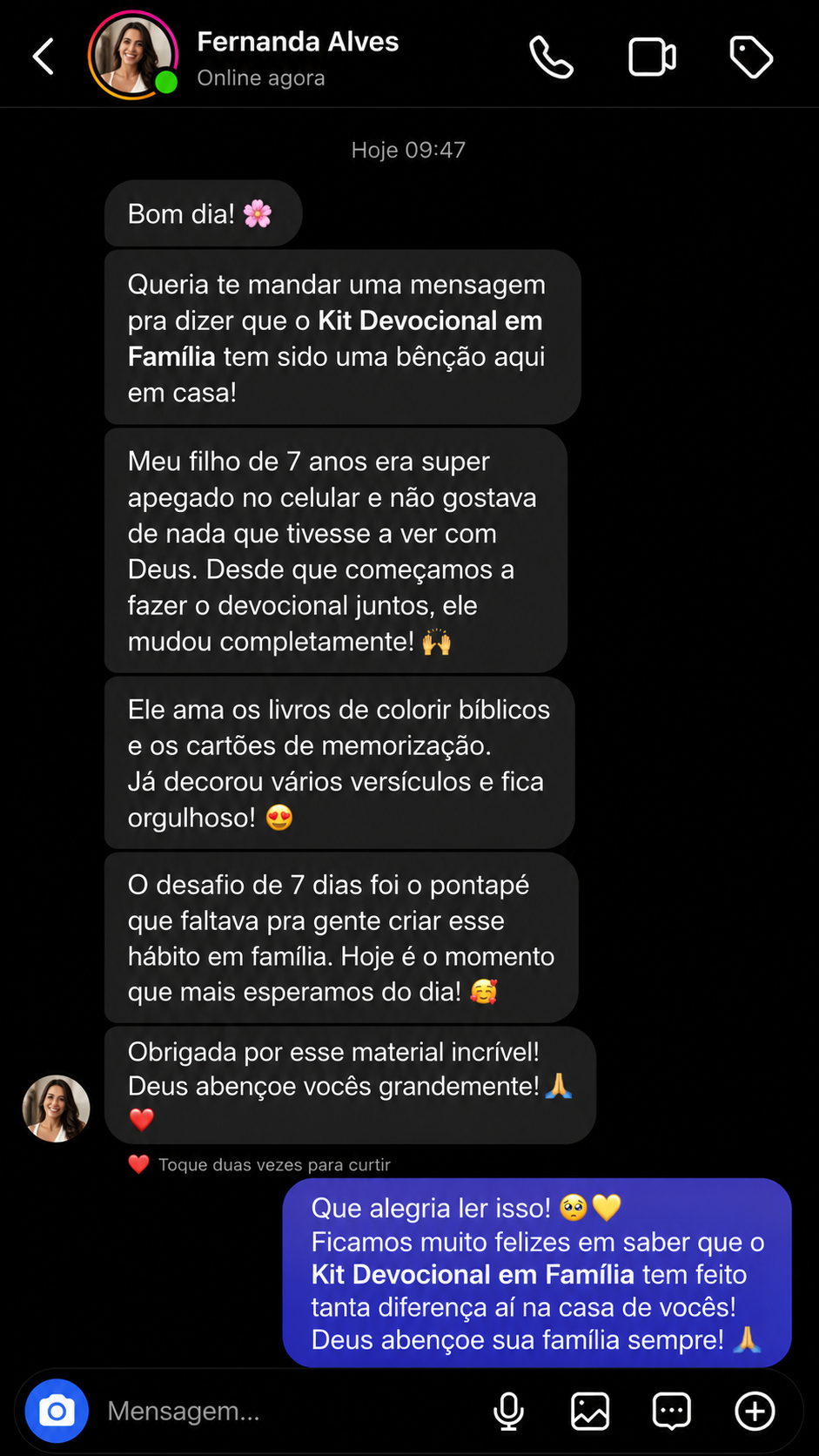 Print de mensagem direta com feedback da cliente Fernanda Alves