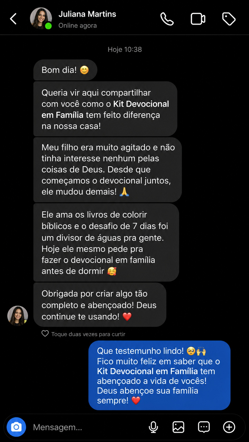 Print de mensagem direta com feedback da cliente Juliana Martins