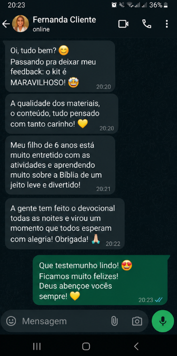 Print de conversa no WhatsApp com feedback da cliente Fernanda sobre o kit