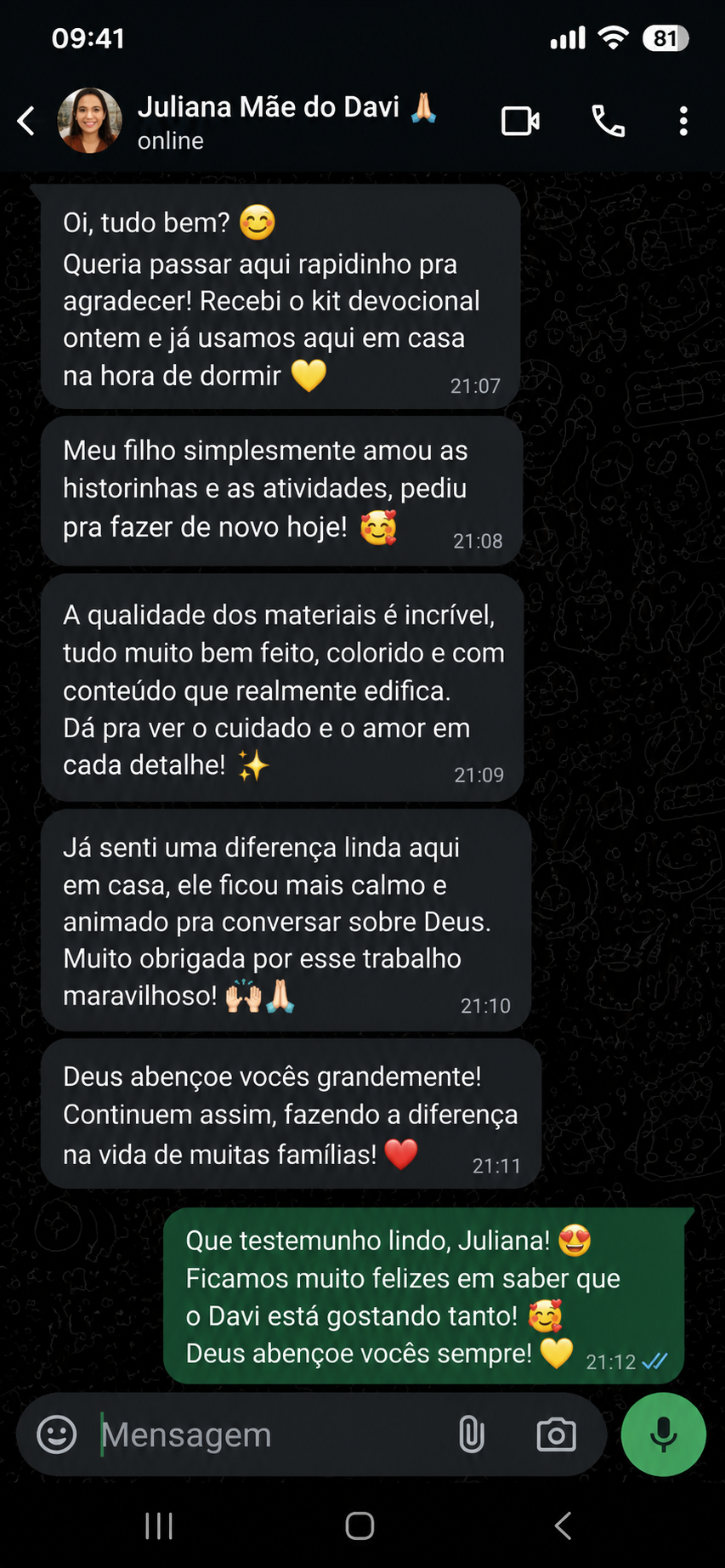 Print de conversa com feedback da cliente Juliana sobre o kit